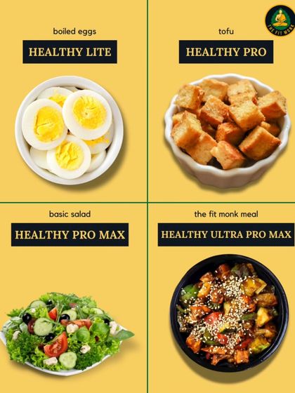 Level up your nutrition game. From a Healthy Lite option like boiled eggs to a Healthy Ultra Pro Max Fit Monk meal, I have options for every level of your fitness journey.