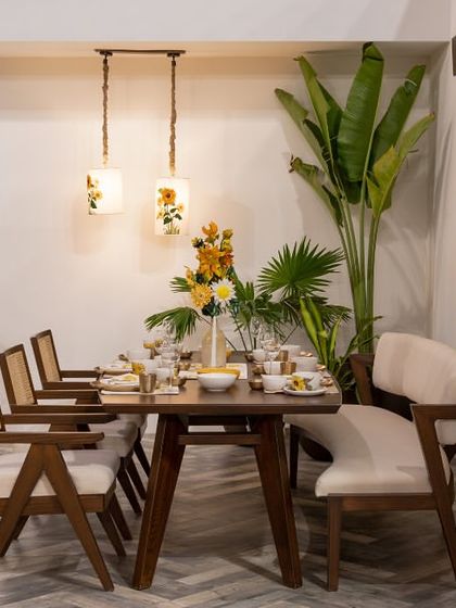 This dining set, from our collaboration with Gaurang Home, balances clean lines with warm textures. The mid-century modern inspired chairs and table create a mindful, effortless atmosphere that celebrates the seamless blend of heritage and modernity.