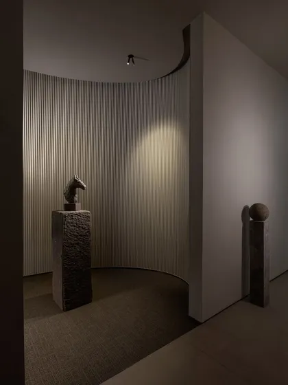 In this lighting showroom, we used curvilinear forms and textured walls to create a gallery-like atmosphere. The strategic use of spotlights on sculptures and architectural features demonstrates how lighting can be used to shape perception, create depth, and guide the user experience.