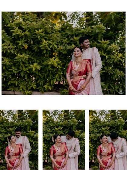 A collage of a couple's happy and romantic moments from their wedding day, captured in a natural setting.