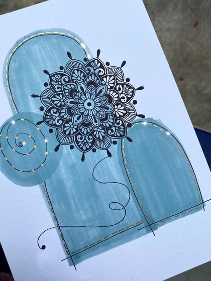 This abstract piece combines simple blue shapes with a detailed black and white mandala. A few touches of gold ink add a little sparkle and connect the different elements.