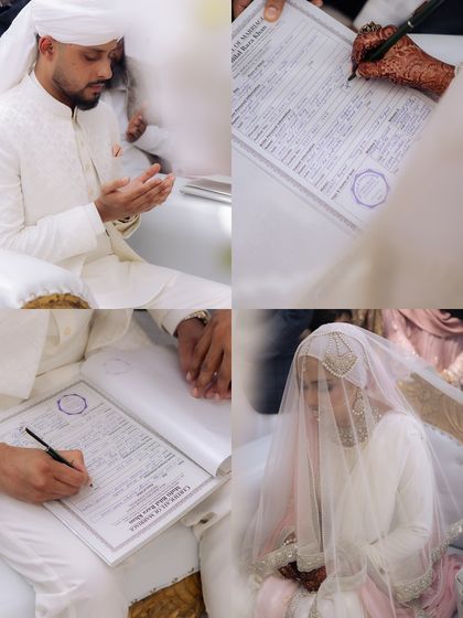 A collage capturing the key moments of a Muslim Nikaah ceremony. It shows the prayers, the signing of the marriage contract, and the bride's veiled presence, all signifying their union.