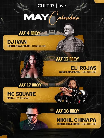 The May event calendar, featuring a mix of hip-hop (MC Square) and electronic (Nikhil Chinapa) artists. This showcases my versatility in catering to different musical tastes.