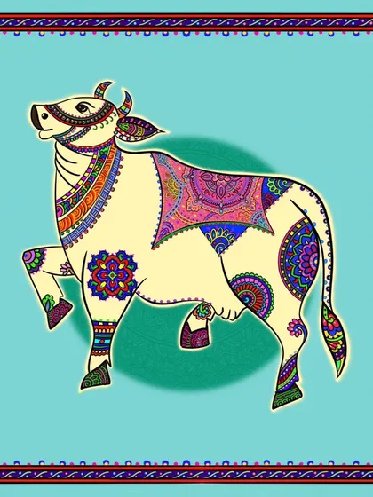 In this version, the cream-colored Kamdhenu is set against a bright turquoise background. The vibrant backdrop makes the entire piece feel more lively and celebratory.