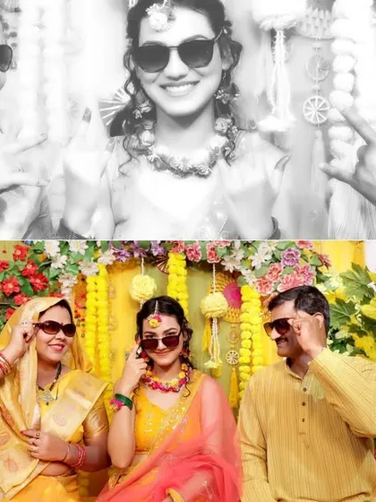 Fun moments with family are a key part of the Haldi ceremony. We love capturing these playful shots, like everyone posing in sunglasses.