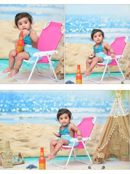 This three-photo collage captures various poses from the indoor beach session. It shows the baby's different expressions and interactions with the props, telling a complete story of her day in the sun.