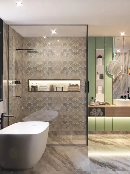 A contemporary bathroom featuring a freestanding tub, a glass-enclosed walk-in shower, and vibrant mint green cabinetry, demonstrating our ability to blend bold color with sophisticated design.