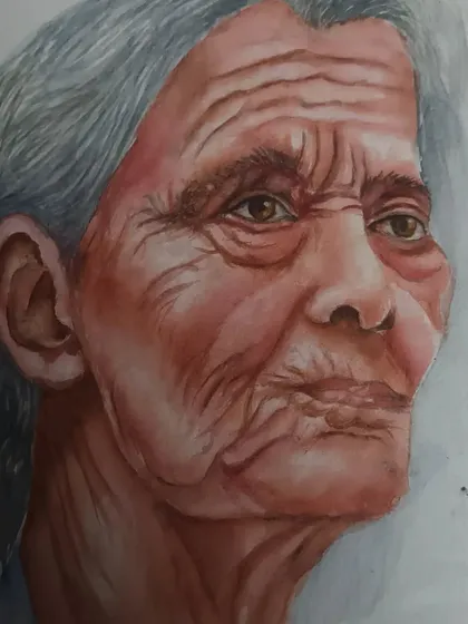 This is a watercolor portrait I painted to explore how to represent age and character. We work on techniques like layering colors and controlling water to capture the delicate details of skin texture and expression, creating what I call a 'wrinkly beauty'.