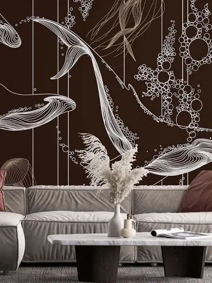 This mockup shows an elegant line-art wallpaper featuring whales and jellyfish on a light background. The delicate, flowing lines create a sense of movement and artistry.