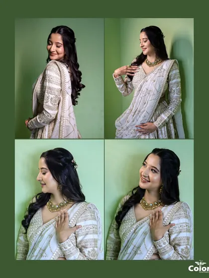 A four-part collage showcasing the bride's elegant white and gold outfit and her joyful expressions.