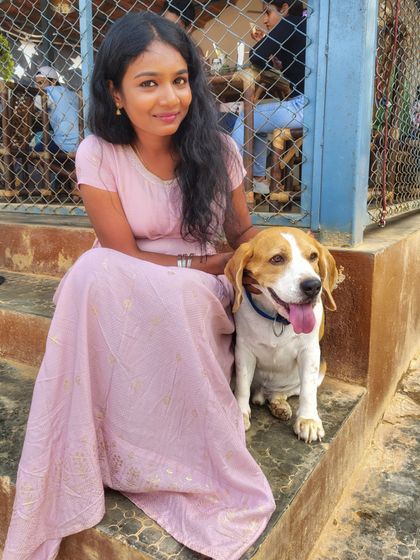 A visitor sits with a cheerful Beagle, known for their friendly and curious nature.