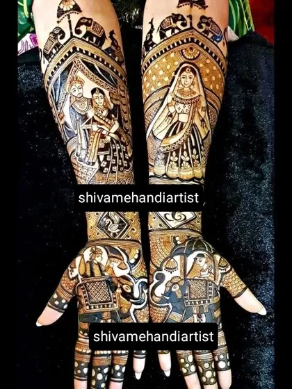 A dense and detailed design showing multiple wedding scenes. It includes the baraat procession, the bride in her doli, and the couple together.