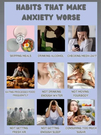 This visual guide shows common habits that can make anxiety worse, such as skipping meals, consuming too much sugar, and not getting enough sleep or fresh air.