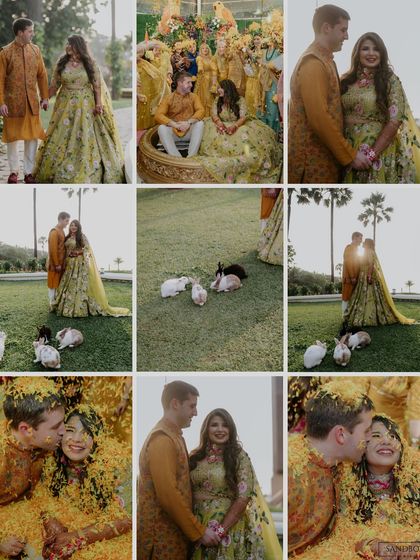A collage of moments from a beautiful Haldi, including the couple playing with bunnies, a unique and adorable touch.