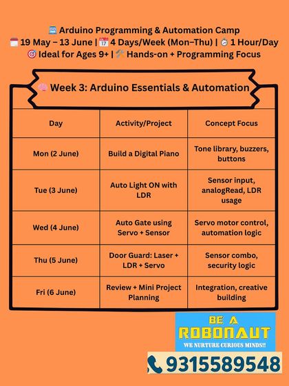 Week 3 of our Arduino Programming camp covers essentials like building a digital piano, an auto light with an LDR, and a laser door guard.