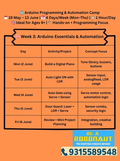 Week 3 of our Arduino Programming Camp is all about essentials and automation. Kids will build a digital piano, an auto-light, and a laser door guard.