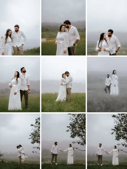 A grid collage showcasing the variety of moments captured during a misty outdoor shoot, from posed portraits to candid embraces.