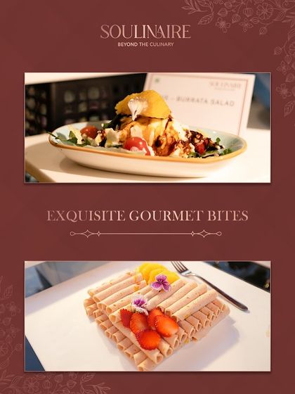 A collage of exquisite gourmet bites, from a fried burrata salad to delicate fruit wafers. Our menu is designed to offer a journey of unique flavours.