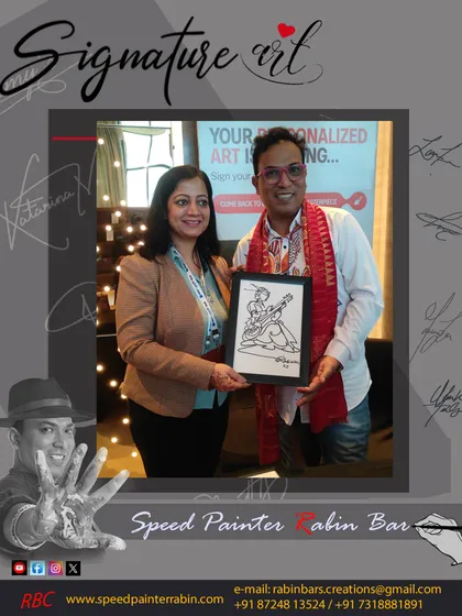 Another satisfied client from the Delhi event, holding her personalized artwork that started from her own signature.