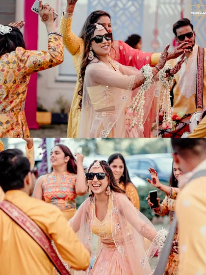 A collage showing the bride dancing with her friends and family, capturing the energy of the dhol and the celebration.