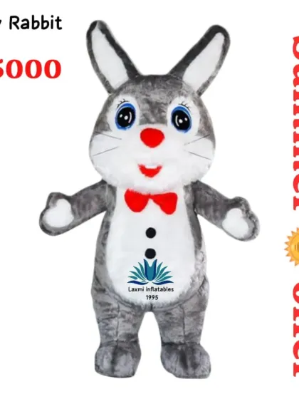 A charming Gray Rabbit character costume, complete with a red bow tie. This mascot is ideal for Easter events, birthday parties, or as a friendly character for your business.