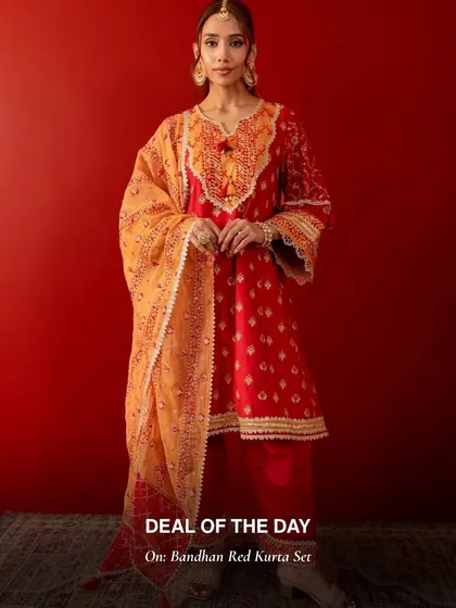 The Bandhan Red Kurta Set is a deal of the day you won't want to miss. It's the quintessential festive outfit, and it's on sale now.
