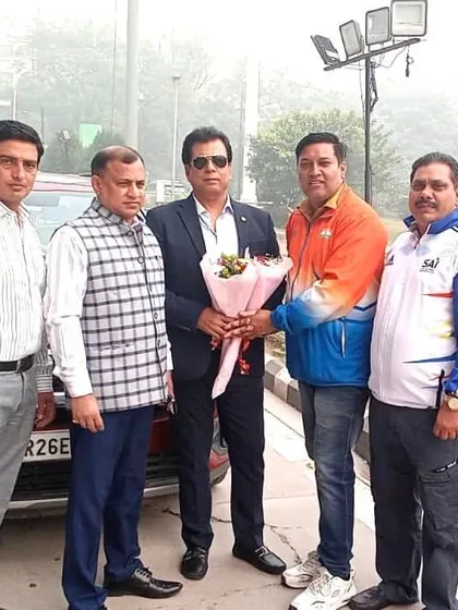 With the organizing team outside the Thyagaraj Stadium. We ensure our presence is felt at important selection events for school-level athletes.