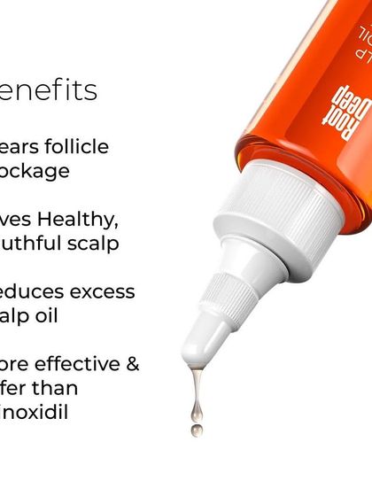 The benefits of Root Deep Hydroil Shock include clearing follicle blockage, reducing excess scalp oil, and promoting a healthy, youthful scalp.