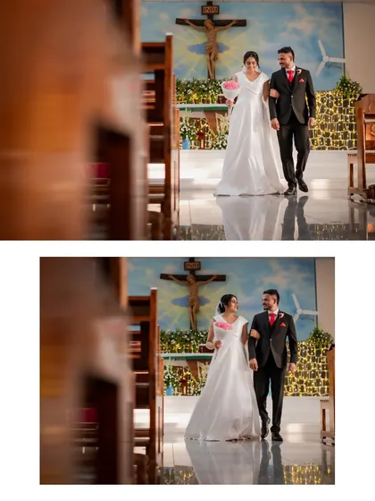 The bride and her father walking down the aisle, a poignant and beautiful moment at the start of a church wedding.