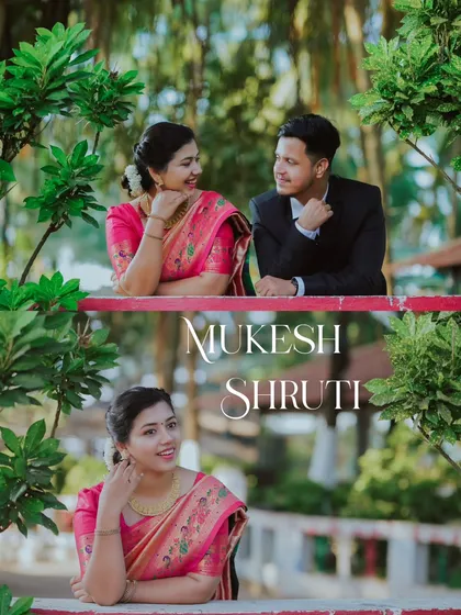 A vibrant and happy portrait of a couple in traditional attire, framed by lush greenery. This shows how beautifully ethnic wear complements a natural setting.