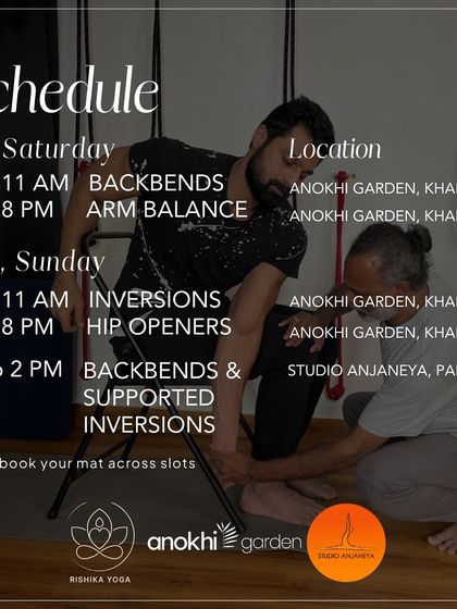 The schedule for a weekend workshop focusing on backbends, arm balances, inversions, and hip openers. The image shows an instructor assisting a student, highlighting the hands-on nature of these masterclasses.