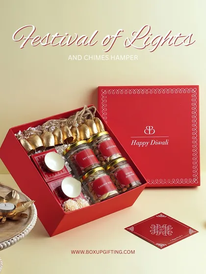The vibrant "Festival of Lights" hamper, one of our bestsellers for Diwali. This box is curated with traditional treats and festive decor, designed to bring a smile to anyone who receives it. It’s a perfect way to share festive cheer with your team.