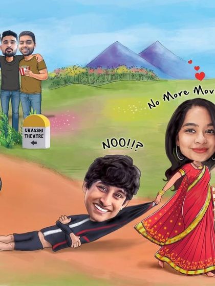 A funny wedding gift for a movie-loving friend, showing his bride pulling him away from the theatre.