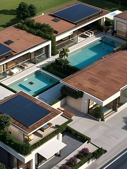 An aerial view of a multi-unit residential complex, showcasing how private pools and green roofs can be integrated to give each home its own oasis.