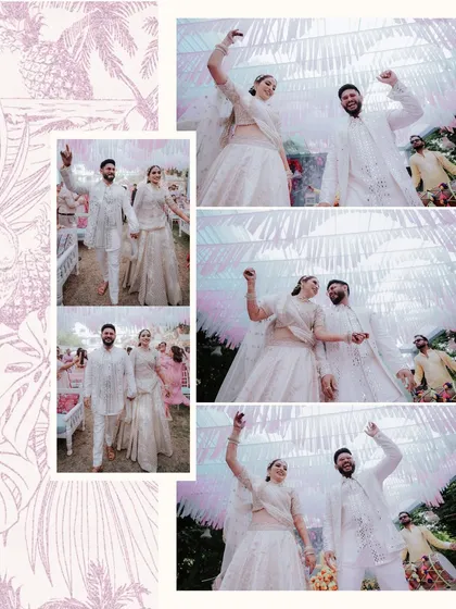 A collage capturing the dancing and celebration at Aditi and Ananth's daytime event, showcasing the joyous and energetic side of their love story.