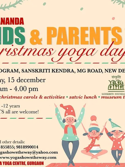 The official poster for our Kids & Parents Christmas Yoga Day, detailing the schedule of activities including yoga, carols, and a museum tour.