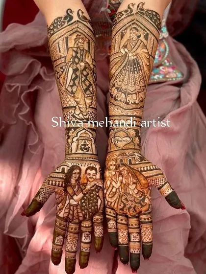This full-arm mehendi tells a complete story, starting with family portraits on the palms and extending to illustrations of the couple and wedding rituals on the forearms.