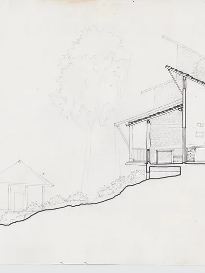 An early concept sketch showing the profile of the PLENTI House against the hillside.