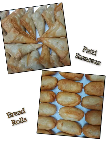 A snack combo of crispy Patti Samosas and savory Bread Rolls, perfect for corporate evening snack orders.