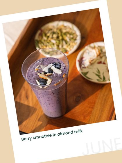 A chilled Berry Smoothie in almond milk from our June menu. It's the perfect way to cool down and get a dose of antioxidants on a hot summer day.