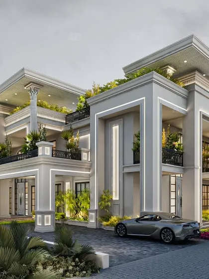 This residential masterpiece radiates timeless elegance with its meticulous attention to detail. The design features warm lights illuminating fine lines, accentuating the grandeur of huge balconies and open spaces in a neo-classical style.