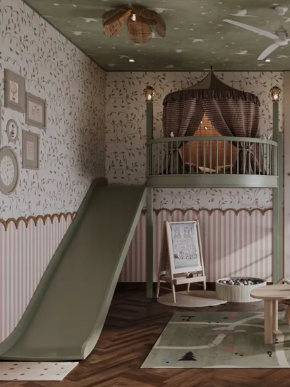 This custom playroom is designed as a world of gentle adventure. A sage green mezzanine with a cozy canopy becomes a private hideaway, while the integrated slide offers a joyful escape, blending active play with a soft, refined aesthetic.