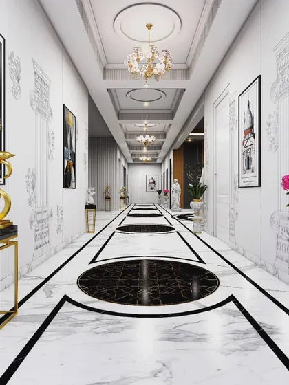 This grand residential corridor sets a tone of opulence from the moment you enter. I used contrasting black and white Italian marble flooring with custom inlays and neoclassical wall details to create a dramatic and timeless entryway. The coffered ceiling and crystal chandeliers add layers of sophistication and light.
