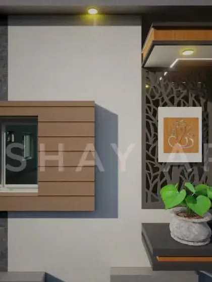 The details make the design. This close-up view highlights the interplay of textures, including wood paneling around the window, a decorative screen, and subtle lighting to enhance the architectural features at night.