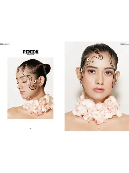 A diptych from the magazine, showing both a profile and a direct look. The sleek bun and floral details on the skin create a look that is both organic and highly structured.