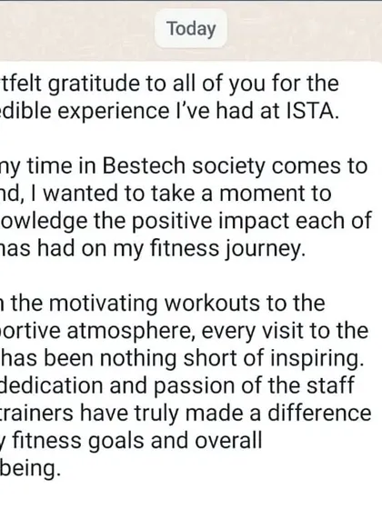 A heartfelt message from a client acknowledging the positive impact our studio, staff, and trainers had on her fitness journey and overall well-being. This is the supportive atmosphere we strive to create.