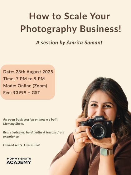 An announcement for a live online session on "How to Scale Your Photography Business," promising real strategies and hard truths.