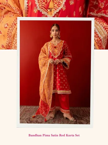 Deal of the day. The Bandhan Pima Satin Red Kurta Set is the perfect outfit for Karwa Chauth or any newlywed. The color is vibrant and the details are beautiful.