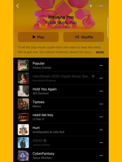 A screenshot showing my song 'CyberFantasy' featured on an Apple Music 'Breaking Pop' playlist. It's incredible to see my music alongside major international artists.