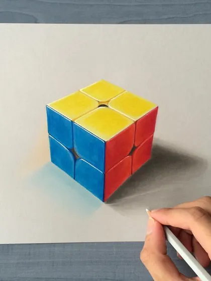 A realistic drawing of a 2x2 Rubik's cube. This was an exercise in perspective, color, and shadow to make the cube pop off the page.